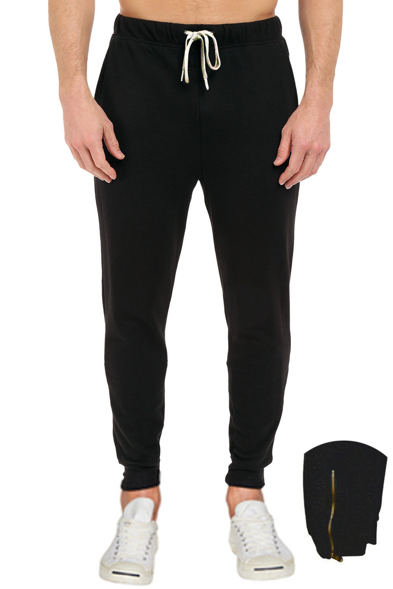 French Terry Black Fleece Pants with Zipper: Easy wear Pro 5 fleece bottoms for comfort & warmth. Elastic waist/ankle, leg zipper for shoe-friendly wear. Available Sizes 2XL-5XL, colors: Black, Grey, Camo. 60% Cotton 40% Poly.