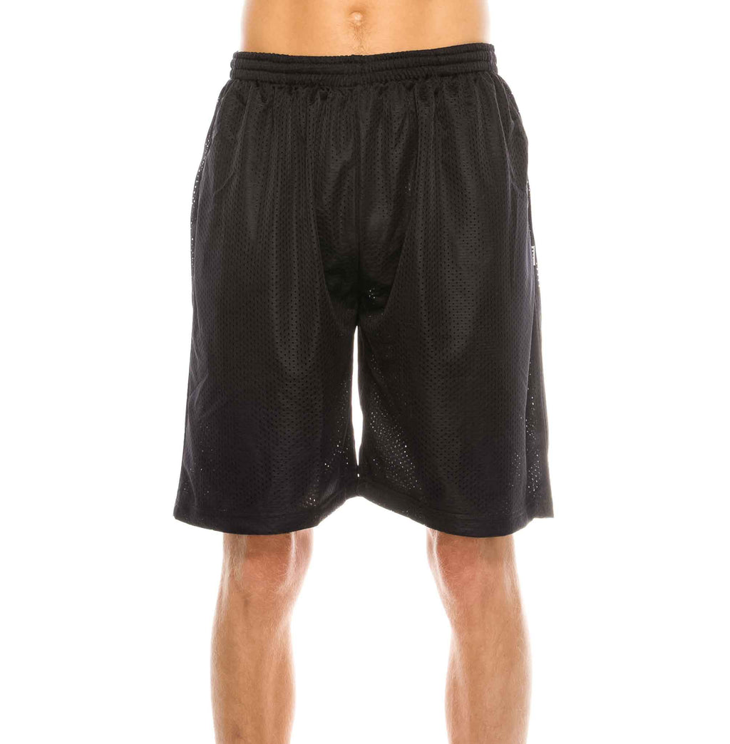 Front view of Ventilated Mesh Black Shorts: Ideal for gym, games, or leisure. Pro 5 double-lined design suits all. 100% Poly mesh, elastic waist, deep pockets. Sizes 2XL-5XL, Colors: White, Black, Grey, Navy, Red, Green, Royal, Burgundy.