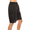 Side View of Ventilated Mesh Black Shorts: Ideal for gym, games, or leisure. Pro 5 double-lined design suits all. 100% Poly mesh, elastic waist, deep pockets. Sizes S-XL, Colors: White, Black, Grey, Navy, Red, Green, Royal, Burgundy.