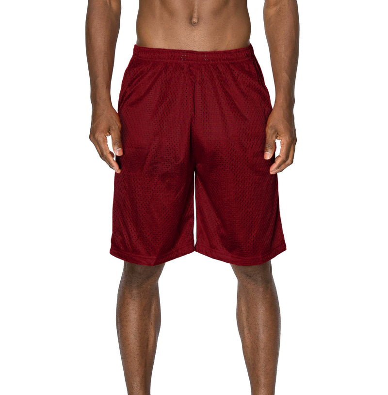 Ventilated Mesh Burgundy Shorts: Ideal for gym, games, or leisure. Pro 5 double-lined design suits all. 100% Poly mesh, elastic waist, deep pockets. Sizes S-XL, Colors: White, Black, Grey, Navy, Red, Green, Royal, Burgundy.