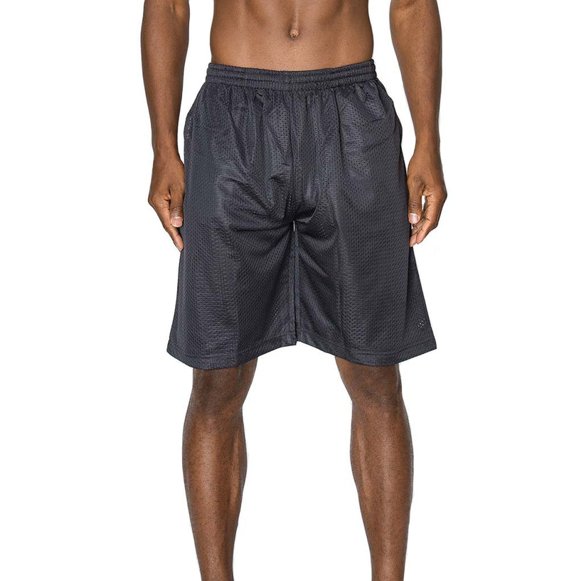 Front view of Ventilated Mesh Dark Grey Shorts: Ideal for gym, games, or leisure. Pro 5 double-lined design suits all. 100% Poly mesh, elastic waist, deep pockets. Sizes 2XL-5XL, Colors: White, Black, Grey, Navy, Red, Green, Royal, Burgundy.