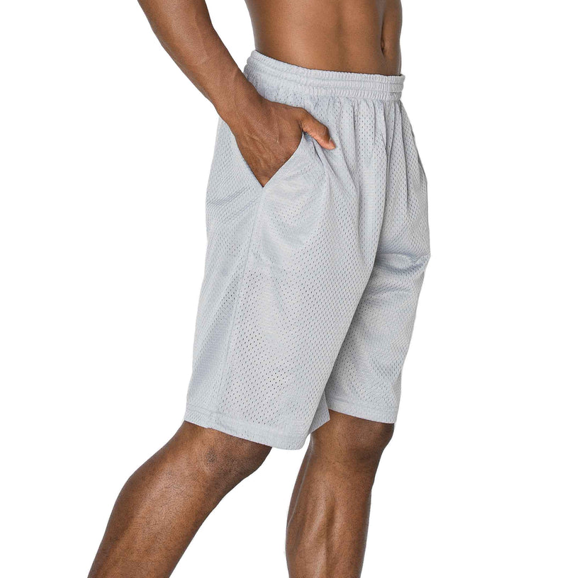 Side view of Ventilated Mesh Heather Grey Shorts: Ideal for gym, games, or leisure. Pro 5 double-lined design suits all. 100% Poly mesh, elastic waist, deep pockets. Sizes S-XL, Colors: White, Black, Grey, Navy, Red, Green, Royal, Burgundy.