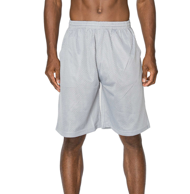 Front view of Ventilated Mesh Heather Grey Shorts: Ideal for gym, games, or leisure. Pro 5 double-lined design suits all. 100% Poly mesh, elastic waist, deep pockets. Sizes 2XL-5XL, Colors: White, Black, Grey, Navy, Red, Green, Royal, Burgundy.