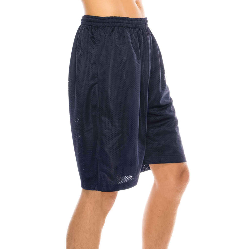 Side view of Ventilated Mesh Navy Shorts: Ideal for gym, games, or leisure. Pro 5 double-lined design suits all. 100% Poly mesh, elastic waist, deep pockets. Sizes S-XL, Colors: White, Black, Grey, Navy, Red, Green, Royal, Burgundy.