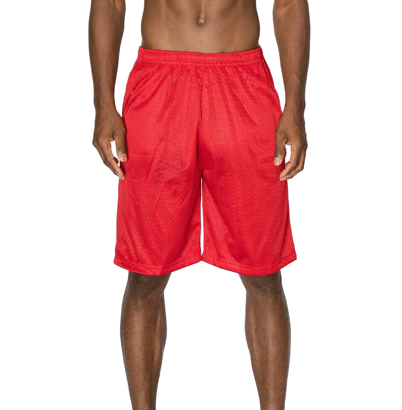 Front view of Ventilated Mesh Red Shorts: Ideal for gym, games, or leisure. Pro 5 double-lined design suits all. 100% Poly mesh, elastic waist, deep pockets. Sizes S-XL, Colors: White, Black, Grey, Navy, Red, Green, Royal, Burgundy.