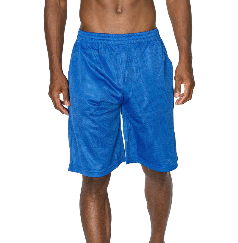 Front view of Ventilated Mesh Royal Blue Shorts: Ideal for gym, games, or leisure. Pro 5 double-lined design suits all. 100% Poly mesh, elastic waist, deep pockets. Sizes S-XL, Colors: White, Black, Grey, Navy, Red, Green, Royal, Burgundy.