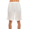 Front view of Ventilated Mesh White Shorts: Ideal for gym, games, or leisure. Pro 5 double-lined design suits all. 100% Poly mesh, elastic waist, deep pockets. Sizes S-XL, Colors: White, Black, Grey, Navy, Red, Green, Royal, Burgundy.