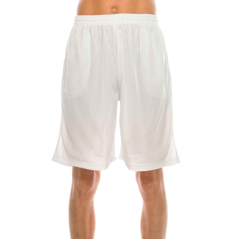 Front view of Ventilated Mesh White Shorts: Ideal for gym, games, or leisure. Pro 5 double-lined design suits all. 100% Poly mesh, elastic waist, deep pockets. Sizes 2XL-5XL, Colors: White, Black, Grey, Navy, Red, Green, Royal, Burgundy.