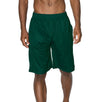 Front view of Ventilated Mesh Dark Green Shorts: Ideal for gym, games, or leisure. Pro 5 double-lined design suits all. 100% Poly mesh, elastic waist, deep pockets. Sizes S-XL, Colors: White, Black, Grey, Navy, Red, Green, Royal, Burgundy.