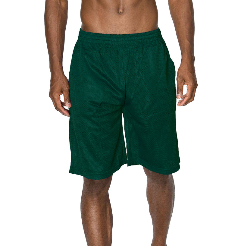 Front view of Ventilated Mesh Dark Green Shorts: Ideal for gym, games, or leisure. Pro 5 double-lined design suits all. 100% Poly mesh, elastic waist, deep pockets. Sizes 2XL-5XL, Colors: White, Black, Grey, Navy, Red, Green, Royal, Burgundy.