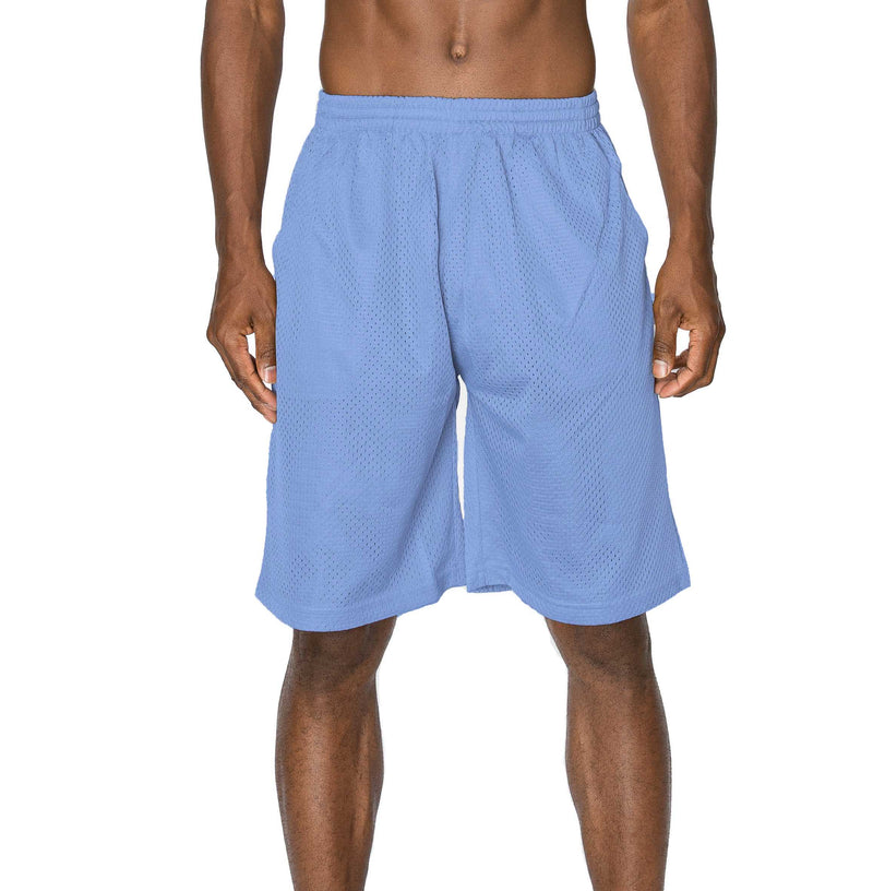 Front view of Ventilated Mesh Sky Blue Shorts: Ideal for gym, games, or leisure. Pro 5 double-lined design suits all. 100% Poly mesh, elastic waist, deep pockets. Sizes S-XL, Colors: White, Black, Grey, Navy, Red, Green, Royal, Burgundy.