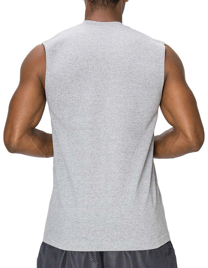 Back view of Muscle  Heather grey Tees Round Neck : Lighter fabric than Super Heavy Tees. Cool, comfy fit in fade-resistant colors. 100% premium US cotton. Available Sizes S-7X, Colors: White, Black, Grey, Navy.