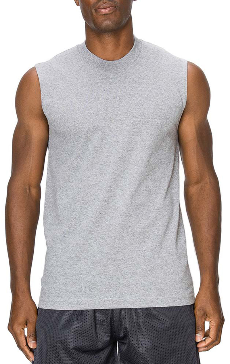 Front view of Muscle Heather Grey Tees Round Neck : Lighter fabric than Super Heavy Tees. Cool, comfy fit in fade-resistant colors. 100% premium US cotton. Available Sizes S-7X, Colors: White, Black, Grey, Navy.