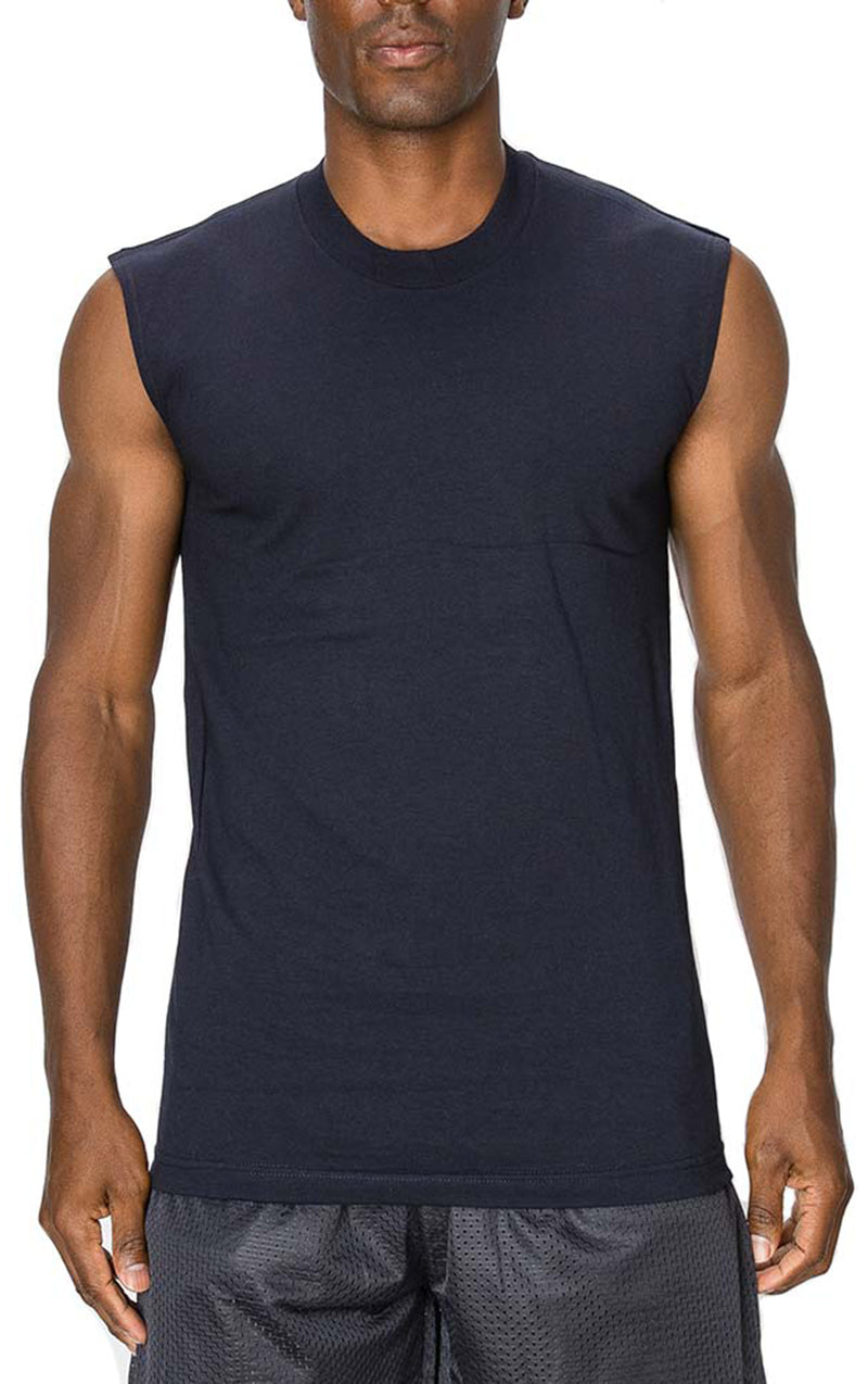 Front view of Muscle Navy Tees Round Neck : Lighter fabric than Super Heavy Tees. Cool, comfy fit in fade-resistant colors. 100% premium US cotton. Available Sizes S-7X, Colors: White, Black, Grey, Navy.