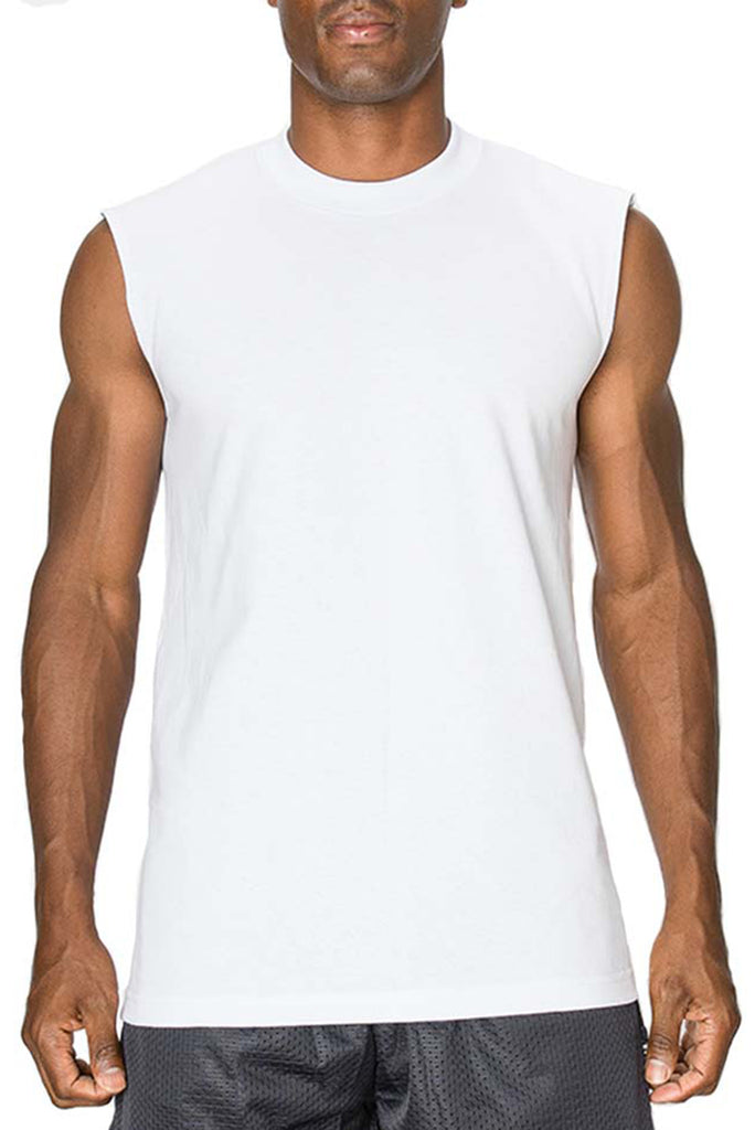 Front view of Muscle White Tees round neck: Lighter fabric than Super Heavy Tees. Cool, comfy fit in fade-resistant colors. 100% premium US cotton. Available Sizes S-7X, Colors: White, Black, Grey, Navy.