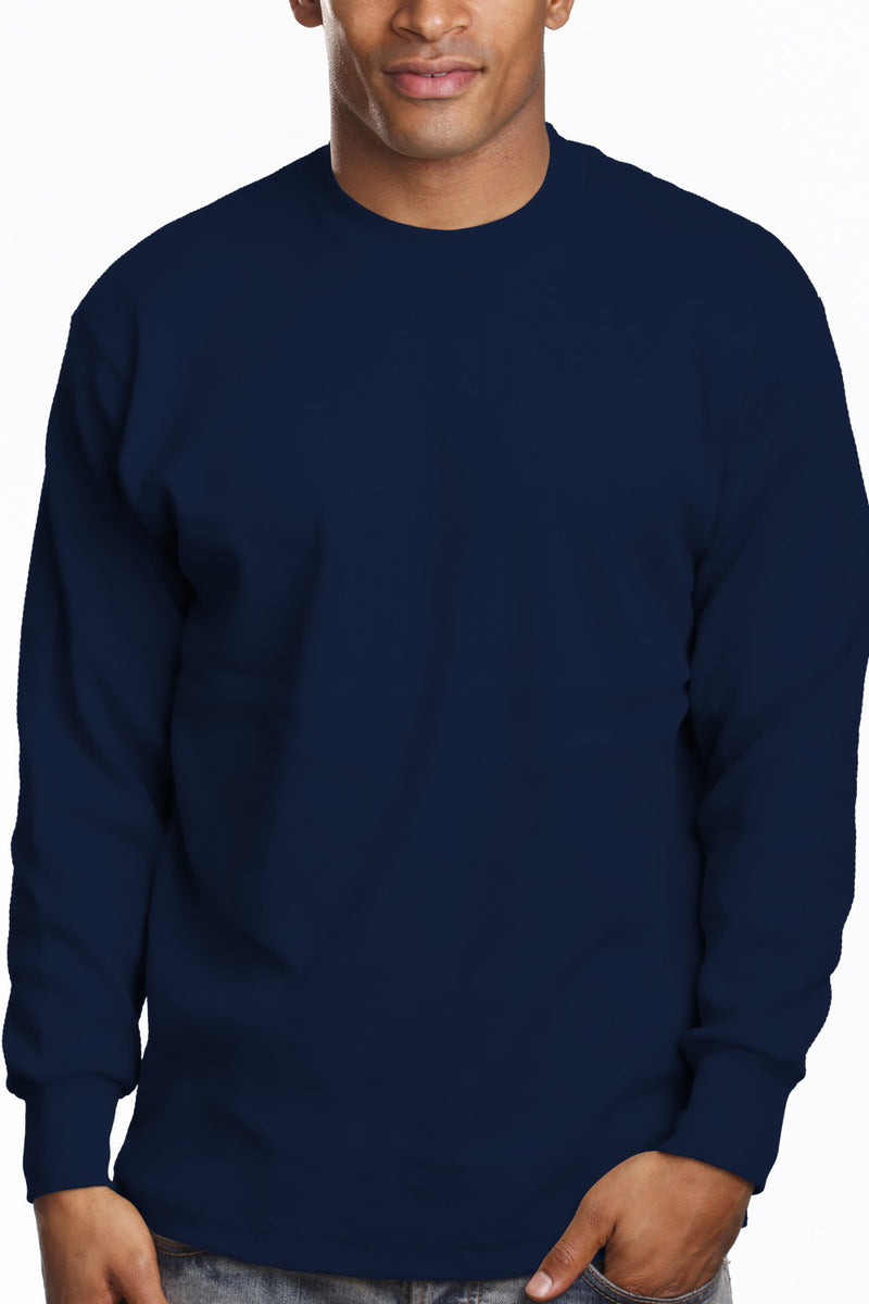 Super Heavy Navy LS Tee: Classic long sleeve with a snug round neck, 6.7oz. Collar reinforced with Lycra for stretch. Vibrant colors stay bright. Made with U.S. cotton. Sizes: 2XL-7XL. Colors: White, Black, Grey, and more. Fabric: Solid-100% Cotton, Grey Shades-80% Cotton 20% Poly. Weight: 6.7 oz.