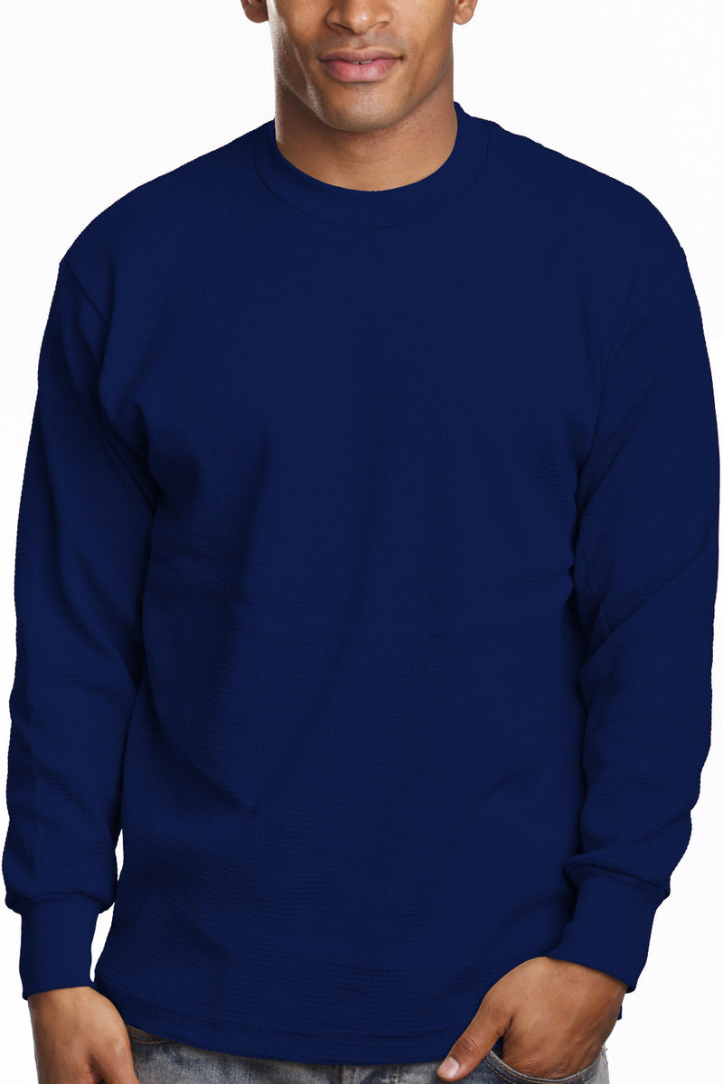 Men's Cozy Navy Thermal Knit Top waffle knit, sizes 2XL-5XL. Variety of colors. Fabric: Solid-100% Cotton, Charcoal & H Grey-80% Cotton 20% Poly. 9.2 oz