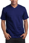 Men's Navy V-Neck Tee with taped neck/shoulder seams. Sizes 2XL-5XL. Assorted colors. Material: Solid-100% Cotton, Charcoal/H Grey-80% Cotton Poly