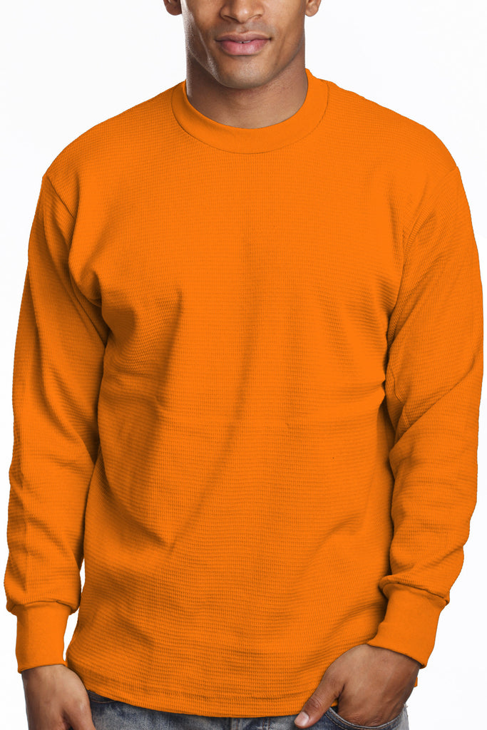 Men's Cozy Orange Thermal Knit Top waffle knit, sizes S-XL. Variety of colors. Fabric: Solid-100% Cotton, Charcoal & H Grey-80% Cotton 20% Poly. 9.2 oz