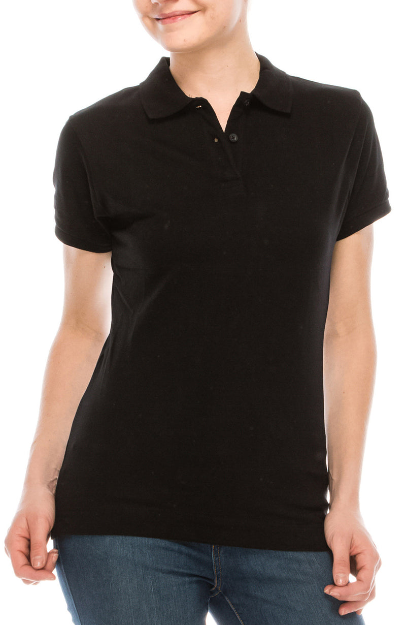 Girls Junior Black Polo Classic: Stylish collared design. Sizes S-XL. Colors: White, Black, Navy, and many more. Fabric: 95% Cotton/5% Spandex. Style: SSPO93J."