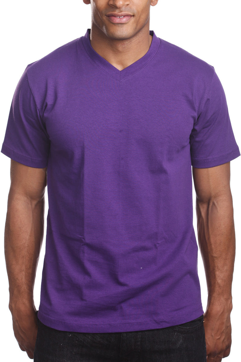 Men's Purple V-Neck Tee with taped neck/shoulder seams. Sizes 2XL-5XL. Assorted colors. Material: Solid-100% Cotton, Charcoal/H Grey-80% Cotton Poly