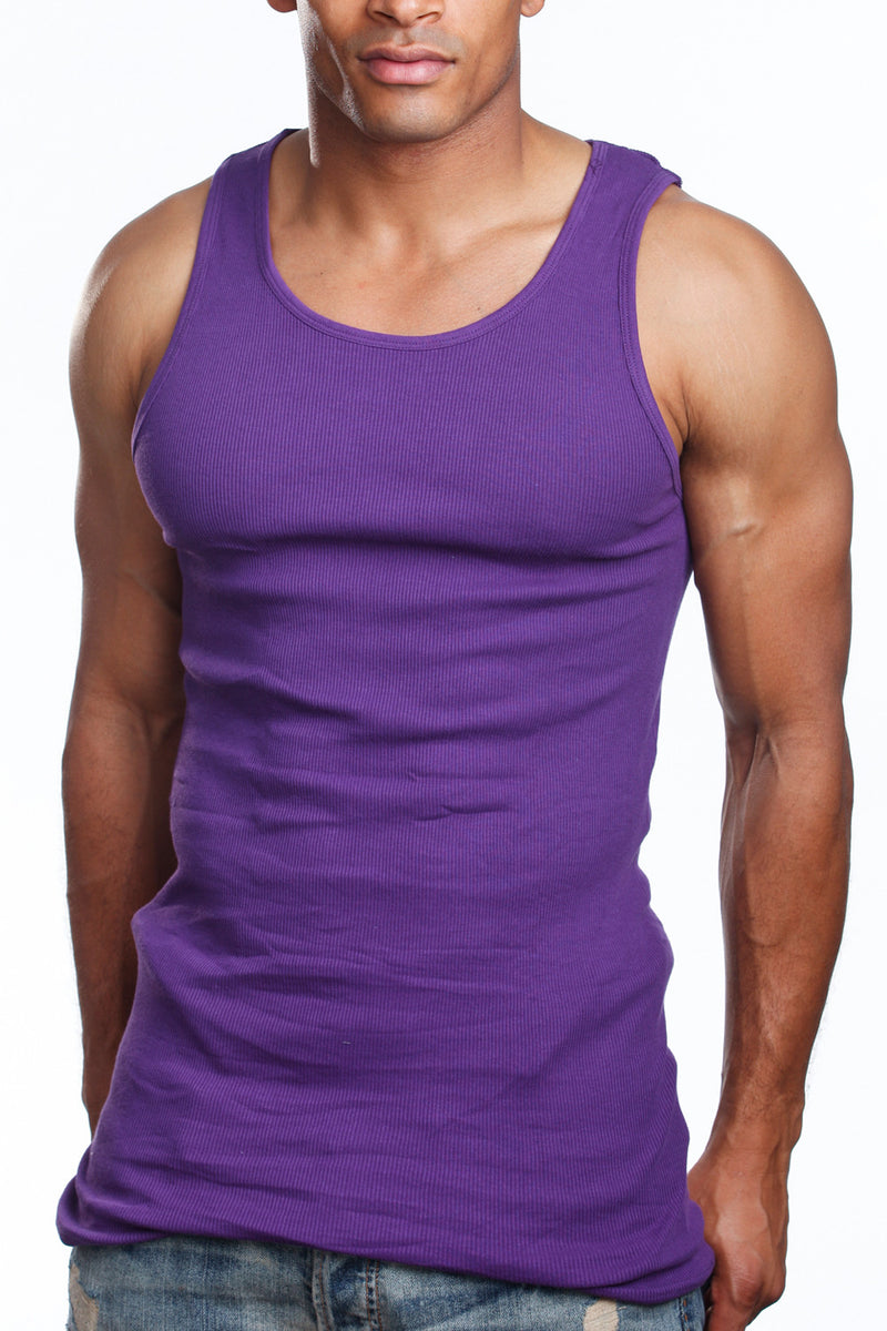 Set of three purple sleeveless undershirts, commonly known as A-shirts or tank tops.