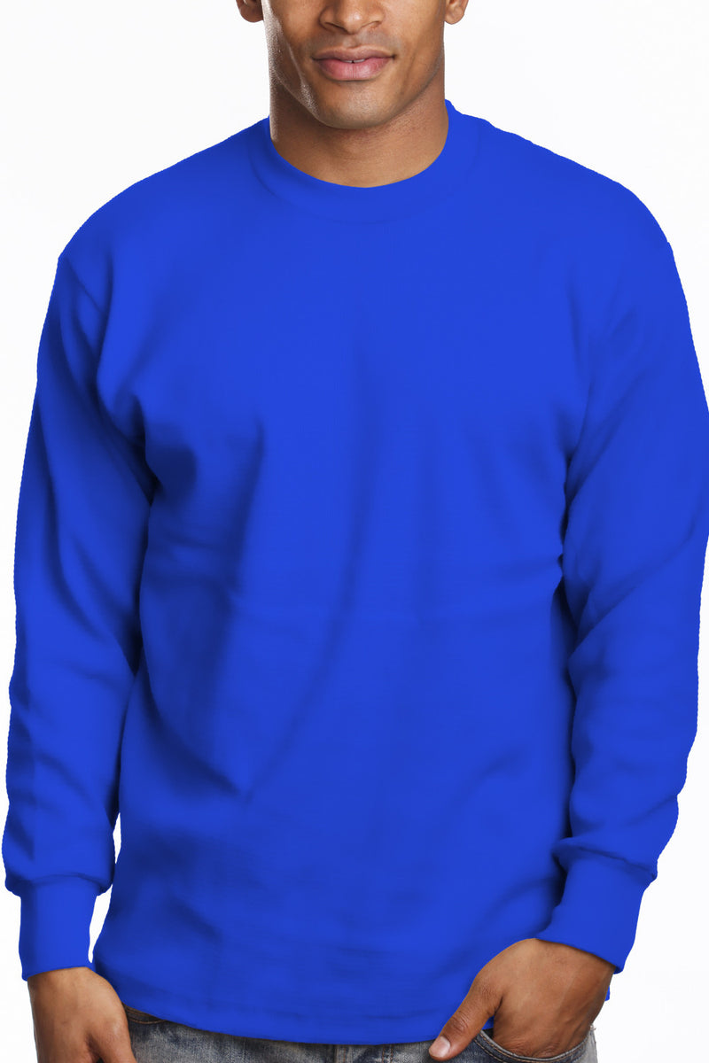 Super Heavy Royal Blue LS Tee: Classic long sleeve with a snug round neck, 6.7oz. Collar reinforced with Lycra for stretch. Vibrant colors stay bright. Made with U.S. cotton. Sizes: 2XL-7XL. Colors: White, Black, Grey, and more. Fabric: Solid-100% Cotton, Grey Shades-80% Cotton 20% Poly. Weight: 6.7 oz.