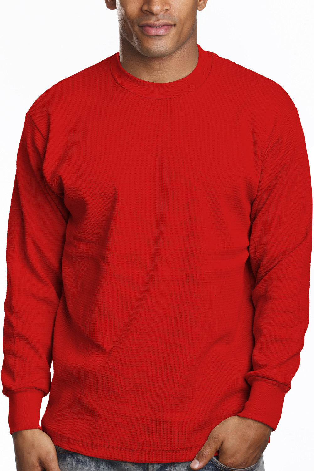 Men's Cozy Red Thermal Knit Top waffle knit, sizes S-XL. Variety of colors. Fabric: Solid-100% Cotton, Charcoal & H Grey-80% Cotton 20% Poly. 9.2 oz