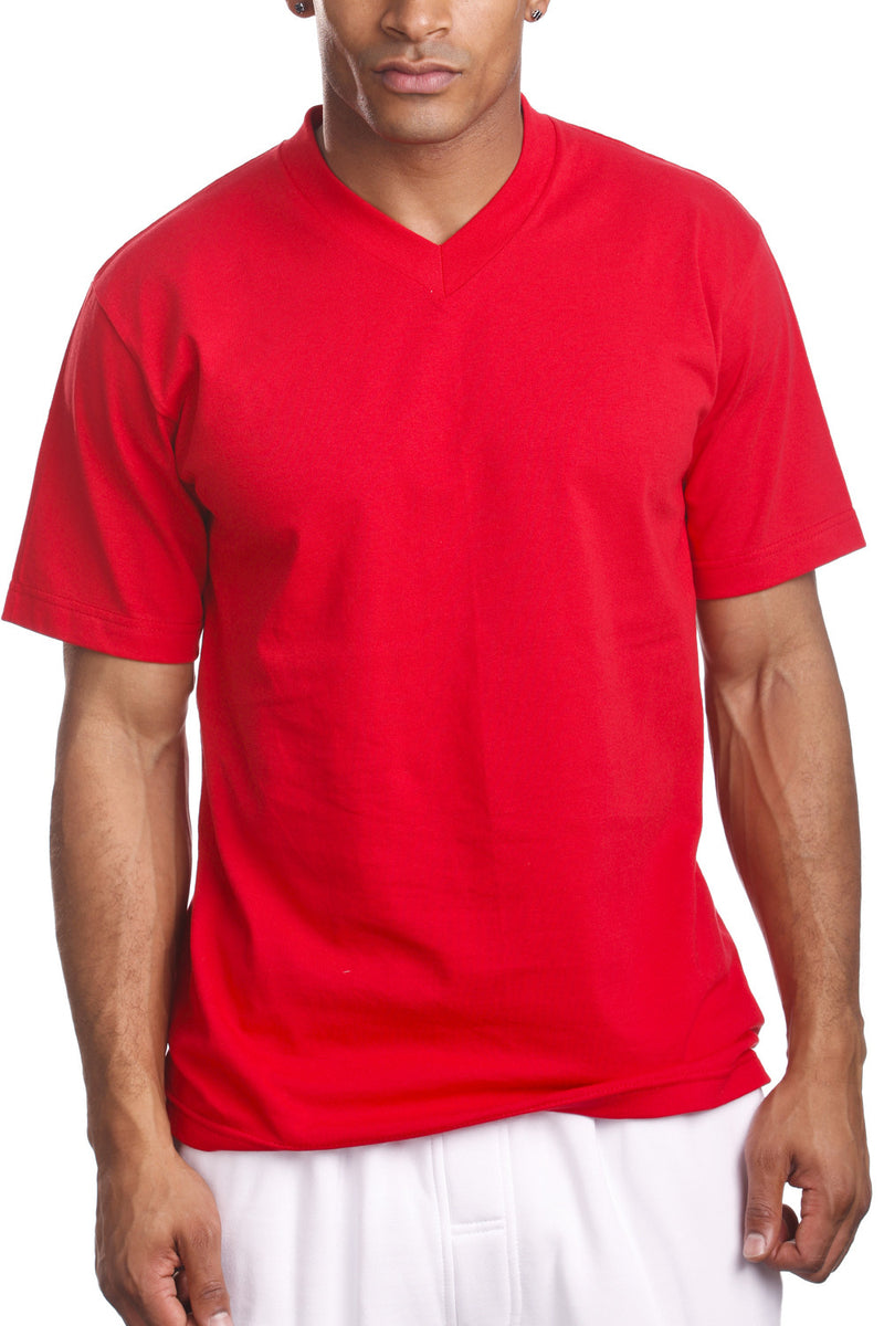 Men's Red V-Neck Tee with taped neck/shoulder seams. Sizes S-XL. Assorted colors. Material: Solid-100% Cotton, Charcoal/H Grey-80% Cotton Poly