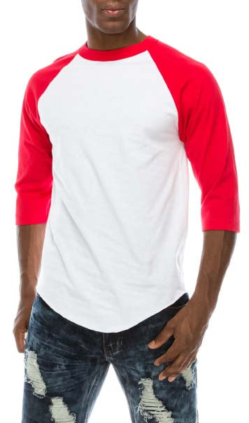 Front view of Sporty Red and White Raglan T-shirt: Comfy fit, versatile sizes/colors. All: 100% Cotton. Grey: 80% Cotton 20% Poly