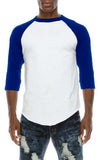 Front view of Sporty Royal Blue and White Raglan T-shirt: Comfy fit, versatile sizes/colors. All: 100% Cotton. Grey: 80% Cotton 20% Poly