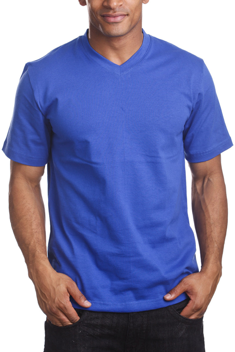 Men's Royal Blue V-Neck Tee with taped neck/shoulder seams. Sizes 2XL-5XL. Assorted colors. Material: Solid-100% Cotton, Charcoal/H Grey-80% Cotton Poly