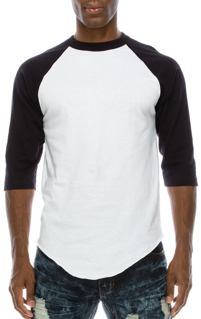 Front view of Sporty Raglan Black and White T-shirt: Comfy fit, versatile sizes/colors. All: 100% Cotton. Grey: 80% Cotton 20% Poly