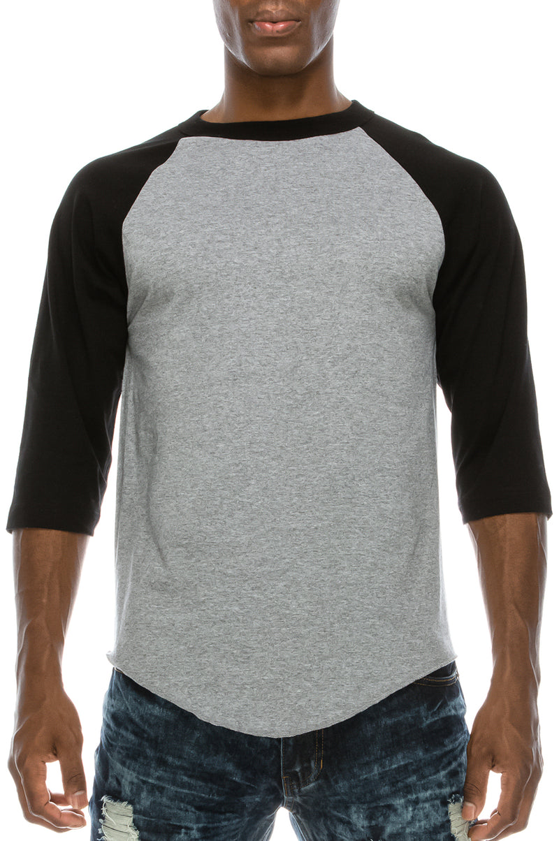 Front view of Sporty Black and Heather grey Raglan T-shirt: Comfy fit, versatile sizes/colors. All: 100% Cotton. Grey: 80% Cotton 20% Poly