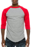 Front view of Sporty Red and Heather grey Raglan T-shirt: Comfy fit, versatile sizes/colors. All: 100% Cotton. Grey: 80% Cotton 20% Poly
