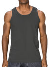 Versatile Dark Grey Tank Top: Wear alone or layer up. Sizes S-3X. Colors: White, Black, Heather Grey, Red, Royal, Navy, D Grey, Wood Camo, Desert Camo. Fabric: All-100% Cotton, H Grey-80% Cotton 20% Poly.