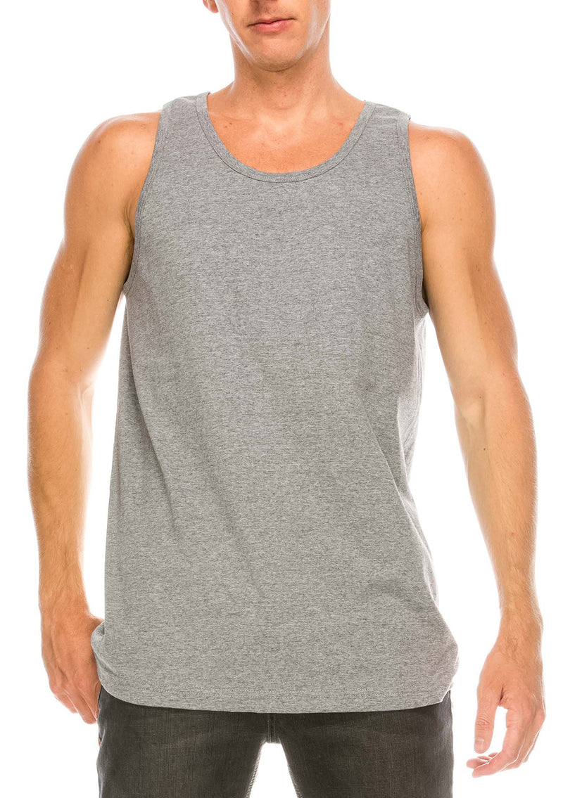 Versatile Heather Grey Tank Top: Wear alone or layer up. Sizes S-3X. Colors: White, Black, Heather Grey, Red, Royal, Navy, D Grey, Wood Camo, Desert Camo. Fabric: All-100% Cotton, H Grey-80% Cotton 20% Poly.