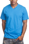 Men's Turquoise V-Neck Tee with taped neck/shoulder seams. Sizes S-XL. Assorted colors. Material: Solid-100% Cotton, Charcoal/H Grey-80% Cotton Poly