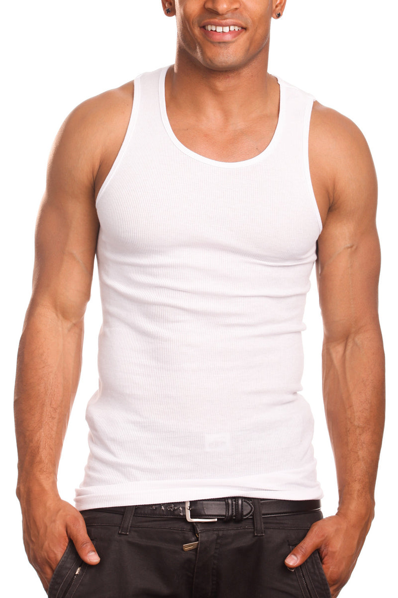 Set of three white sleeveless undershirts, commonly known as A-shirts or tank tops.