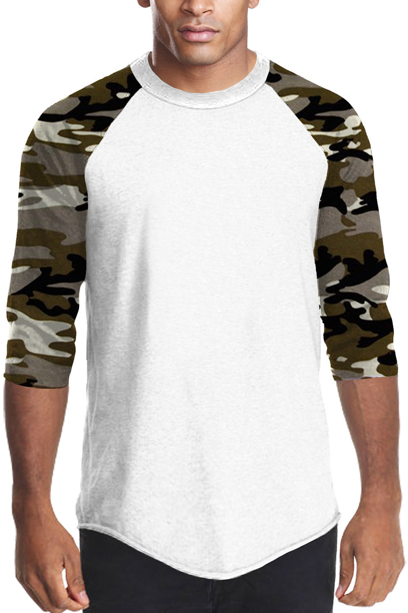 Front view of Sporty Wood Camo and White Raglan T-shirt: Comfy fit, versatile sizes/colors. All: 100% Cotton. Grey: 80% Cotton 20% Poly