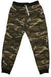 French Terry Wood Camo Fleece Pants: Cozy fleece bottoms for easy, warm, and functional wear. 60/40 Cotton/Poly blend, elastic waist/ankle, side pockets. Sizes XS-XL, colors: Black, Heather Grey, Charcoal, Wood Camo, City Camo. 