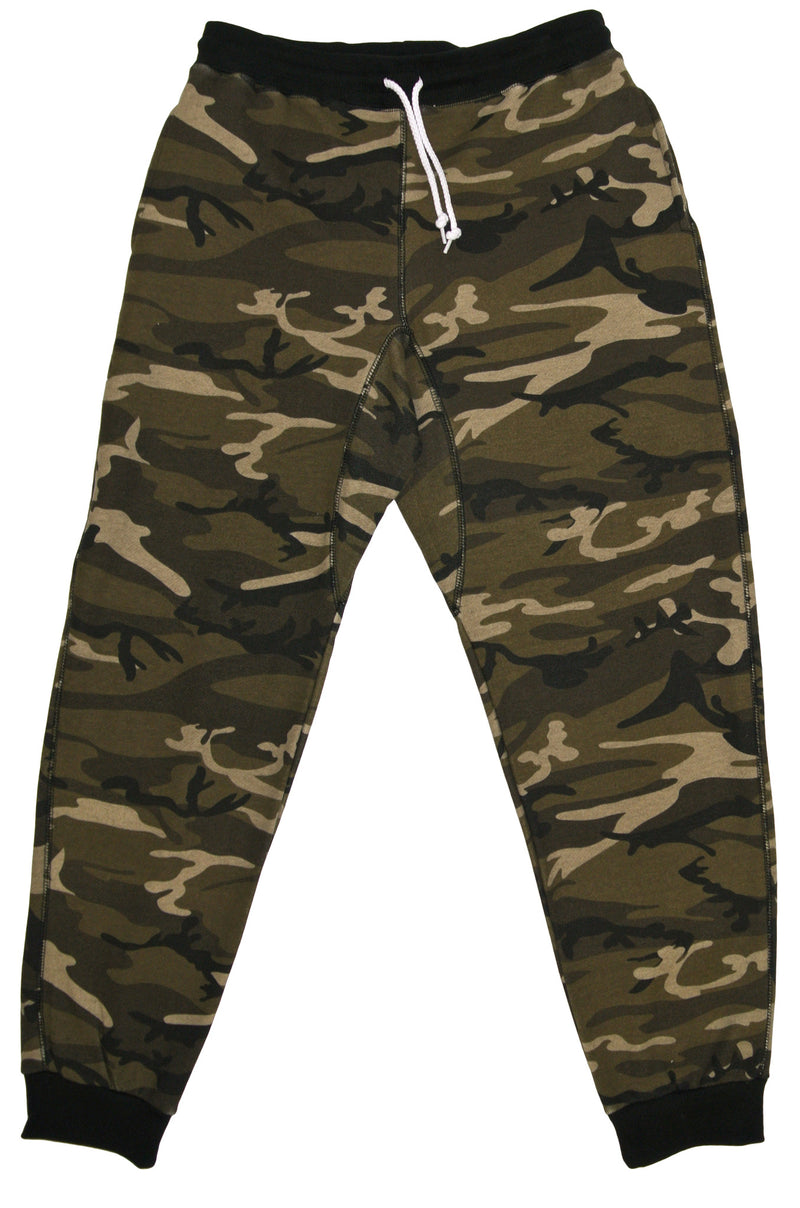 French Terry Wood Camo Fleece Pants: Cozy fleece bottoms for easy, warm, and functional wear. 60/40 Cotton/Poly blend, elastic waist/ankle, side pockets. Sizes 2XL-5XL, colors: Black, Heather Grey, Charcoal, Wood Camo, City Camo. 